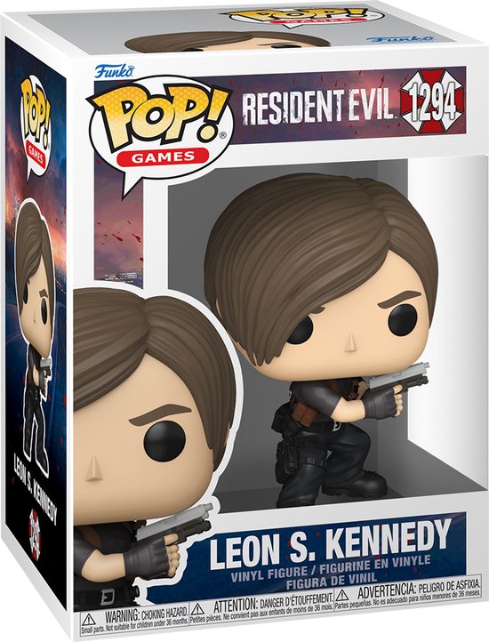 Boîte Funko Pop avec figurine en vinyle de Leon S. Kennedy, arborant le logo Resident Evil sur le devant.