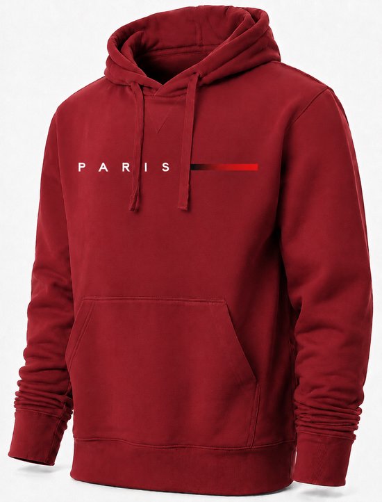 Bordeauxrode hoodie met capuchon, 'PARIS'-print en kangoeroezak.