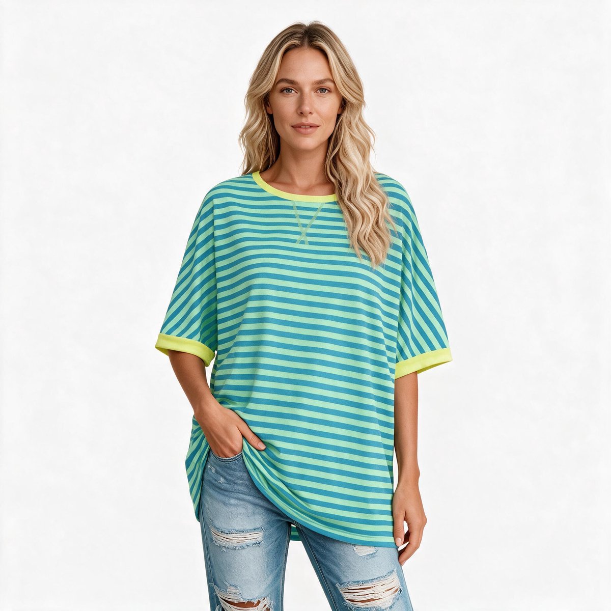 Imily Bela Dames Oversized Gestreept T-shirt met Contrasterende Bies