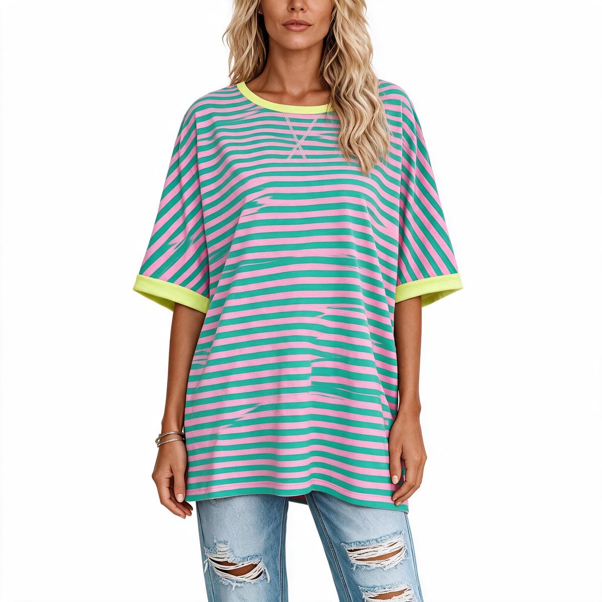 Imily Bela Dames Oversized Gestreept T-shirt met Contrasterende Bies
