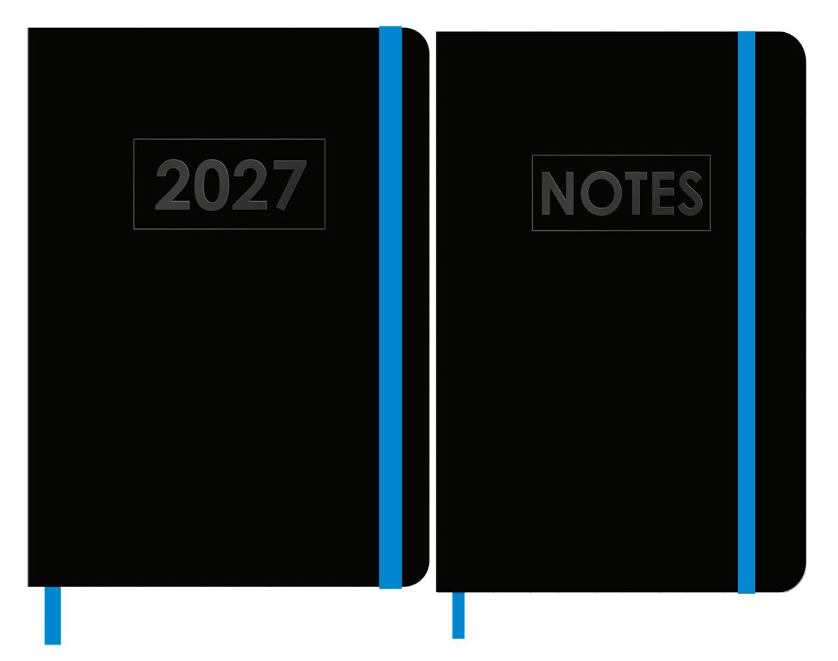 MGPcards - A5 Agenda 2027 - Weekoverzicht 1w/2p - Zwart + Blauw elastiek - 14,8 x 21 cm + Notitieboekje/opschrijfboekje - gelinieerd - 80 pagina's - A5 - Zwart-Blauw
