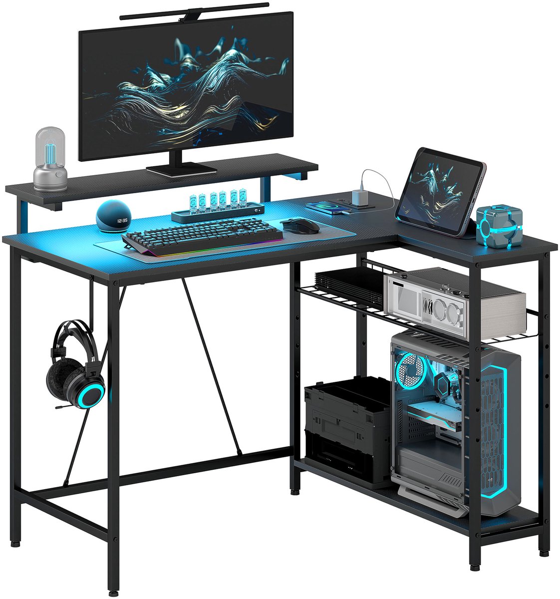 Kantelbare hoektafel — computertafel met LED-verlichting — voorzien van 2 stopcontacten en 2 USB-poorten, en een verstelbare opbergmand — 107 x 80 x 90 cm — zwart