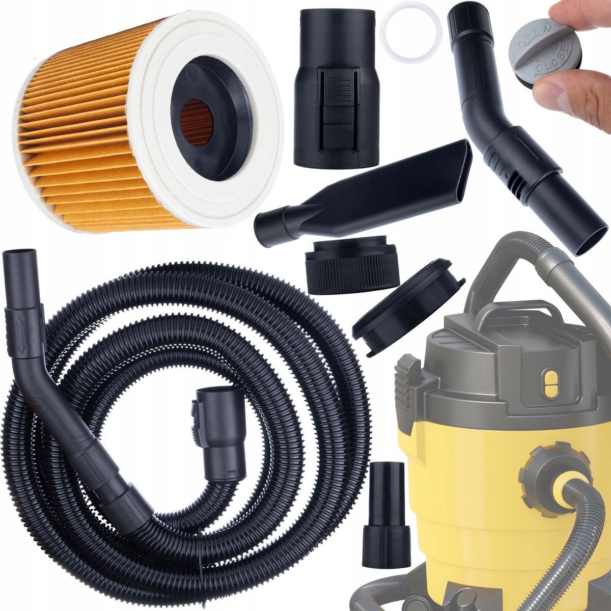 Rosfix Stofzuigerslang Set - 4 m Slang en Wasbaar Motorfilter - Ø12,3/Ø8x11,5cm Polyester