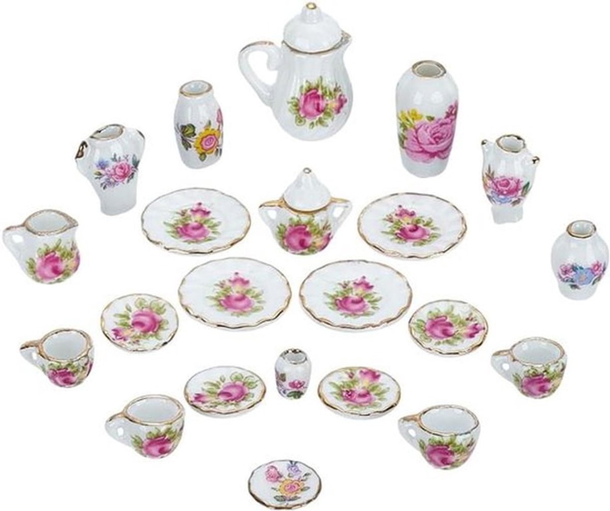Miniatuur theeservies - 7 porseleinen vazen, 15 theekopjes en theepotten - Bloemstijl voor mini-tuin en mini-huiskeuken - DIY miniatuurprojecten