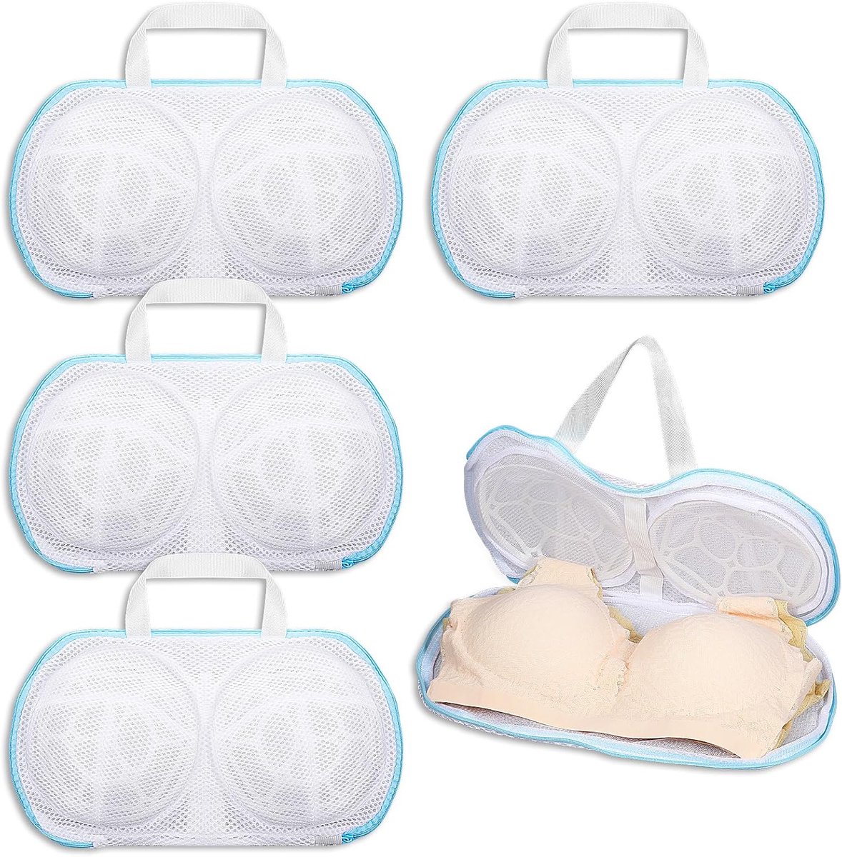 VHV-BH-waszak - Beschermt lingerie tijdens het wassen - 34 x 20 cm - 3D-ondersteuning voor cup A-C - Wasnetje met verborgen rits voor bh's en delicate kleding - Polyester - Wit - Set van 4 - Blauw en wit