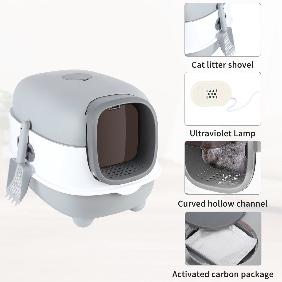 PIPIPOXER Kattenbak met lade - Incl. Geurneutralisator -Kattentoilet met Schep - Opvouwbare Gesloten Kattenbak met Lade - - 2 in 1 Open Kattenbak - Kattentoilet -39x56x40cm -grijs