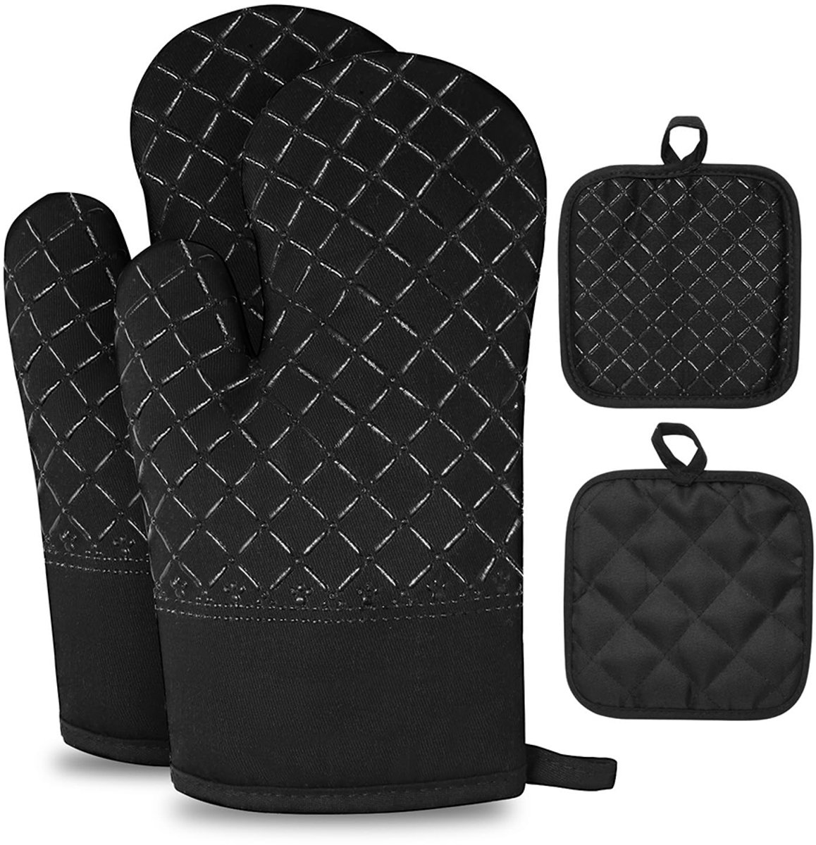 Ovenhandschoenen - 2 ovenhandschoenen en 2 warmte-isolerende matjes - Hittebestendige siliconen handschoenen - Verdikte warmte-isolerende handschoenen - Antislip bakhandschoenen - Katoen + siliconen materiaal - Geschikt voor ovens en grills - Zwart