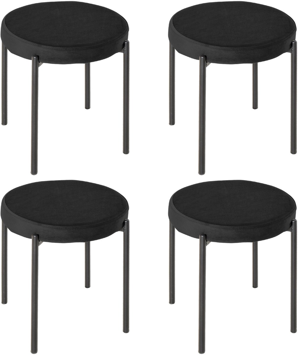 Clruro Eetkruk Set van 4 - 41,5 x 41,5 x 46 cm - Stapelbaar en Gepolsterd - Fluweel/Metaal - Zwart