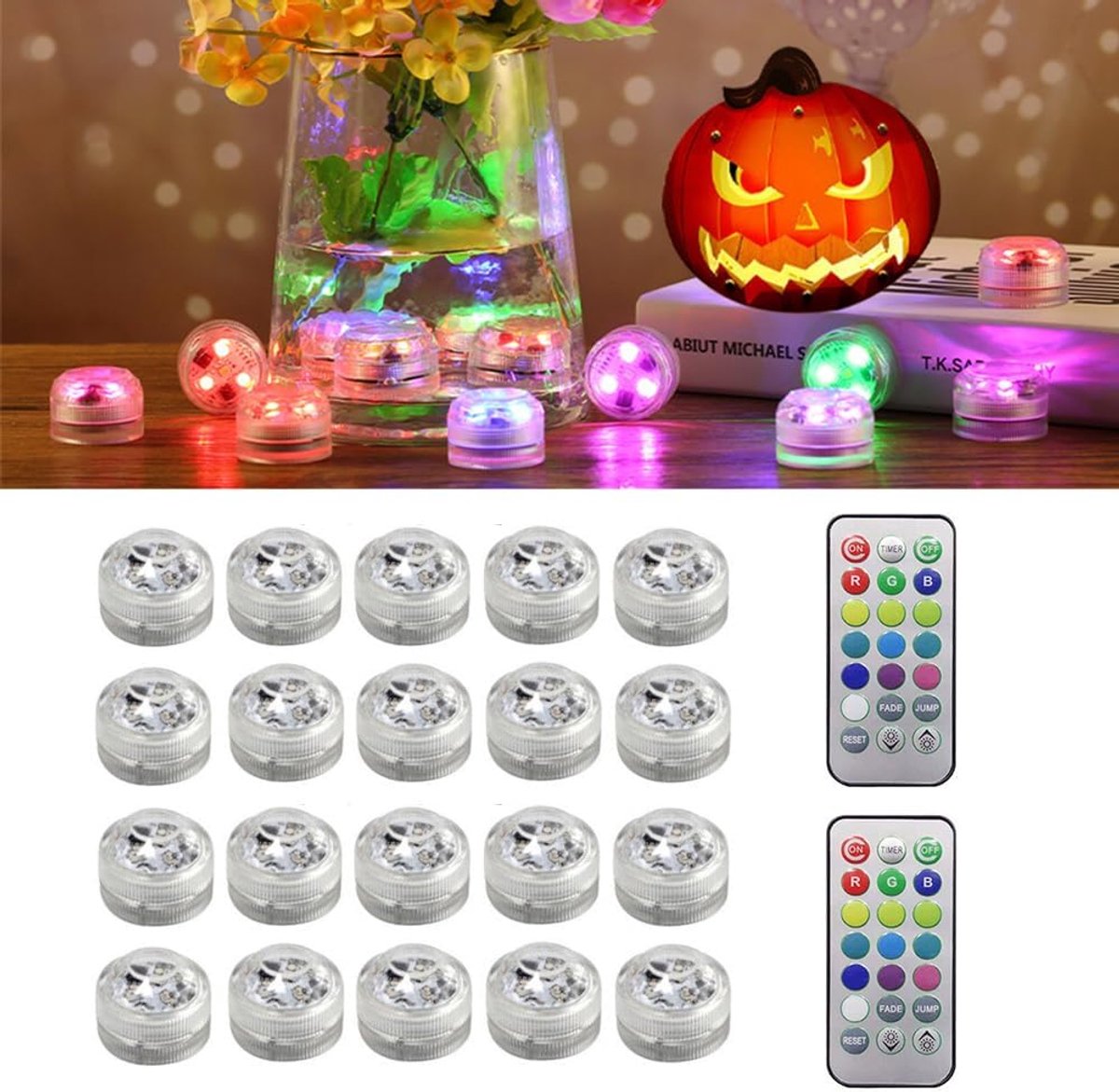 20 stuks onderwaterverlichting, 13 kleuren RGB mini-onderwaterverlichting, meerkleurige led-vijververlichting met 2 afstandsbedieningen, IP68 waterdicht, voor Halloween-decoratie, zwembad, spa [Energieklasse A]