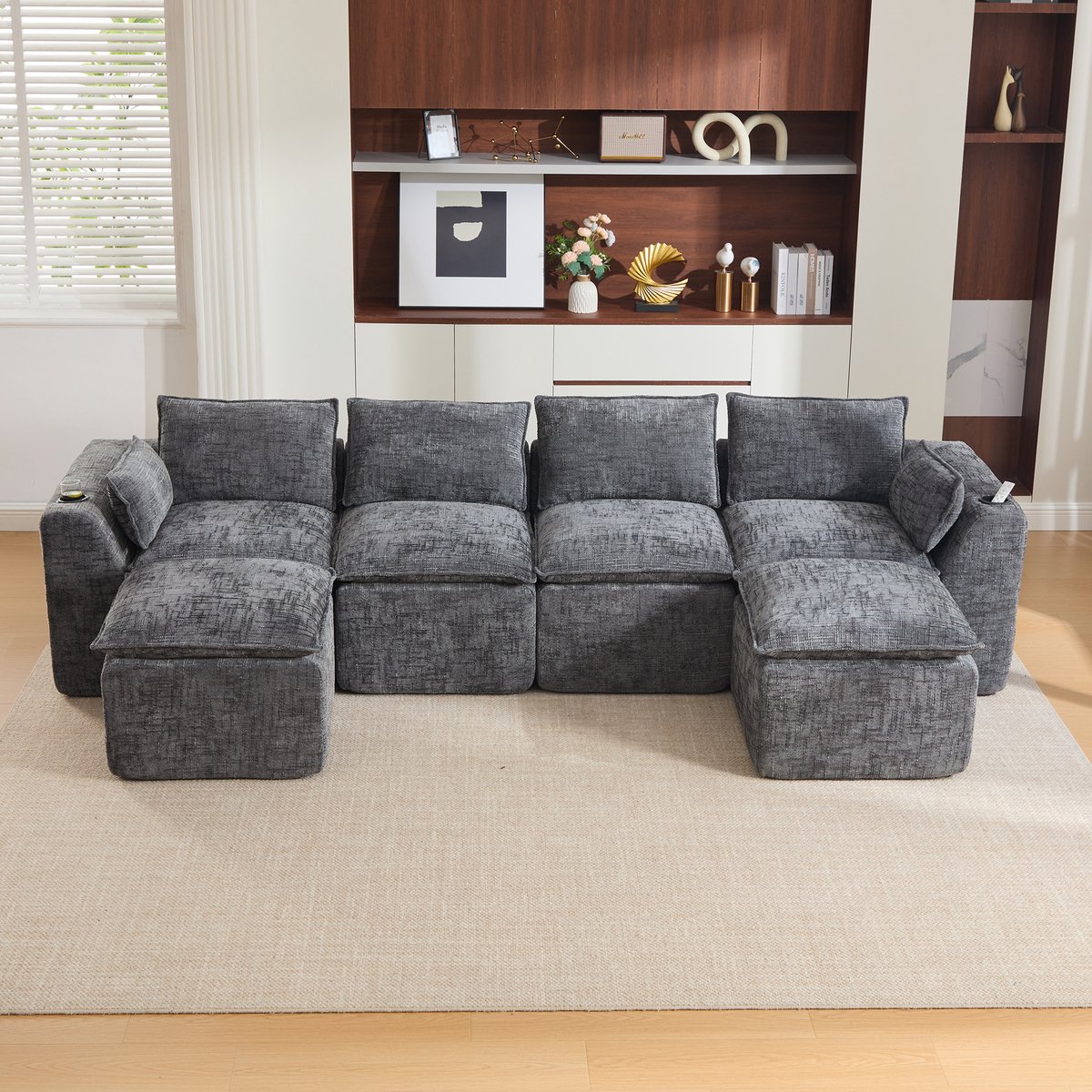 MODFU - Modulaire Bank - 4-Zits - Donkergrijs - Chenille - 2 Voetenbanken