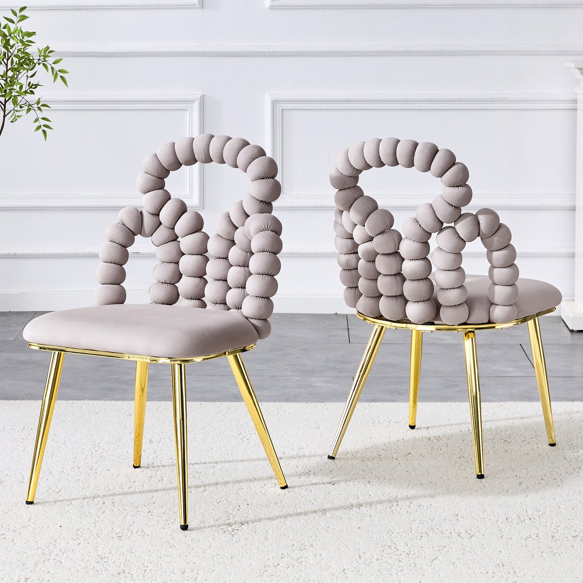 Clruro Eetkamerstoel Set van 2 - Open Kogelketting Rug - Fluweel/Metaal - Lichtgrijs/Goud