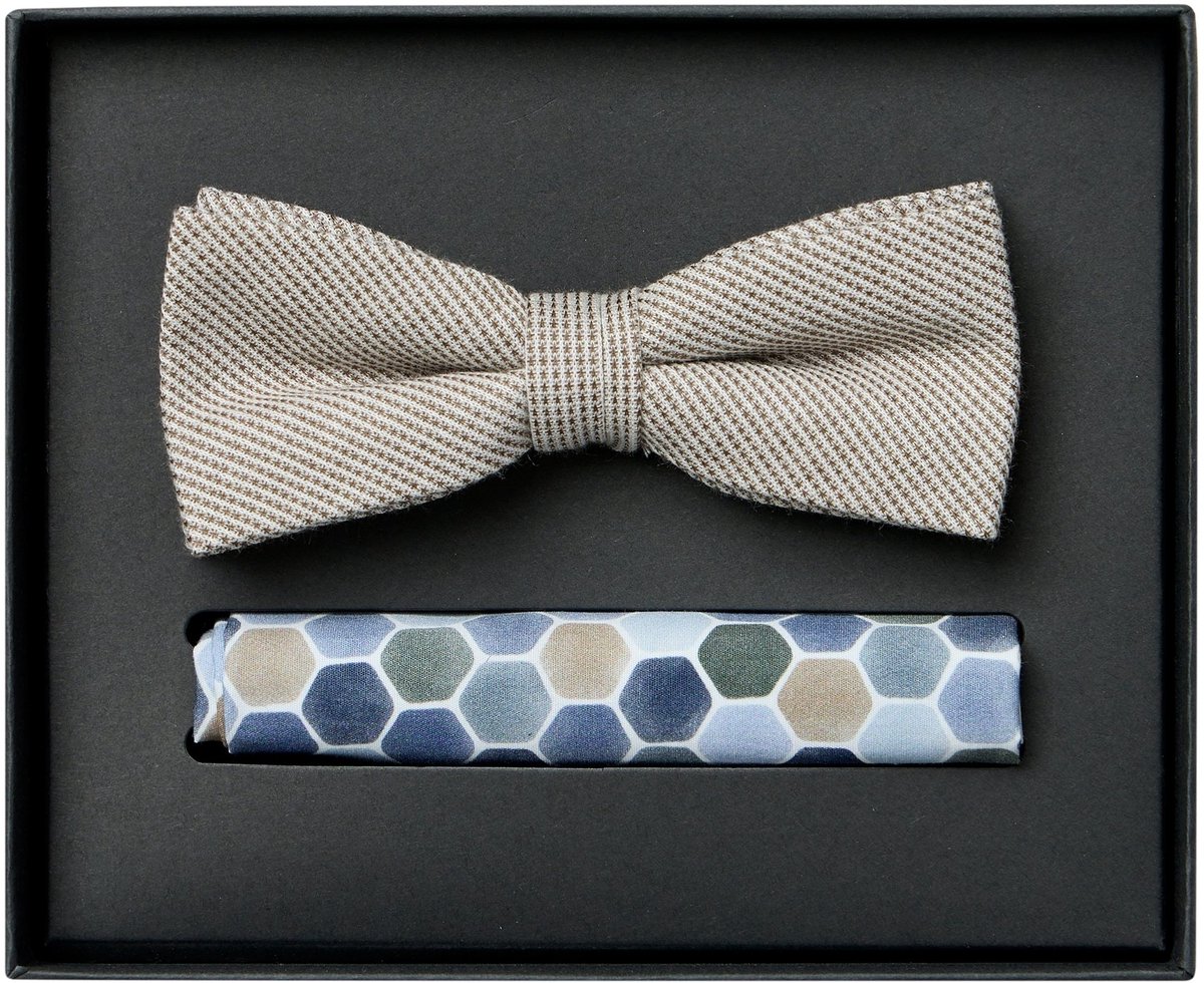 VENTI set met vlinderdas en pochet - blauw met wit dessin