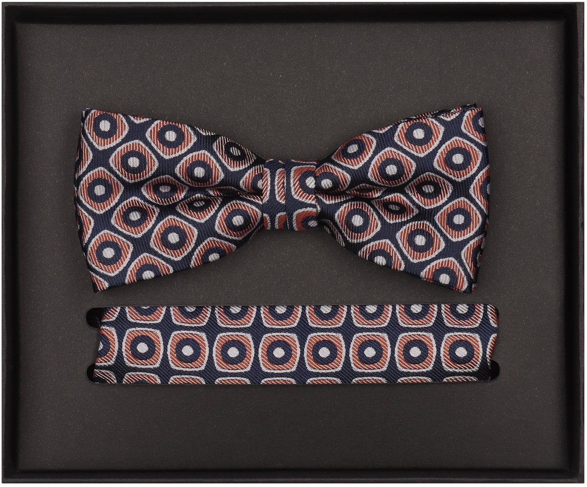 VENTI set met vlinderdas en pochet - donkerblauw - oranje - wit dessin