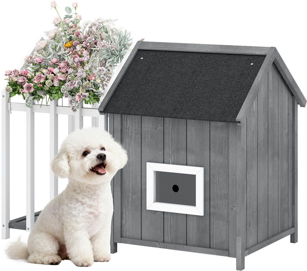 Houten hondenhok voor buiten met terras en omheining — omheining — luikdeur en bitumen dak — verhoogde poten — stevig en duurzaam hondenhok — 106 x 62,5 x 80,5 cm