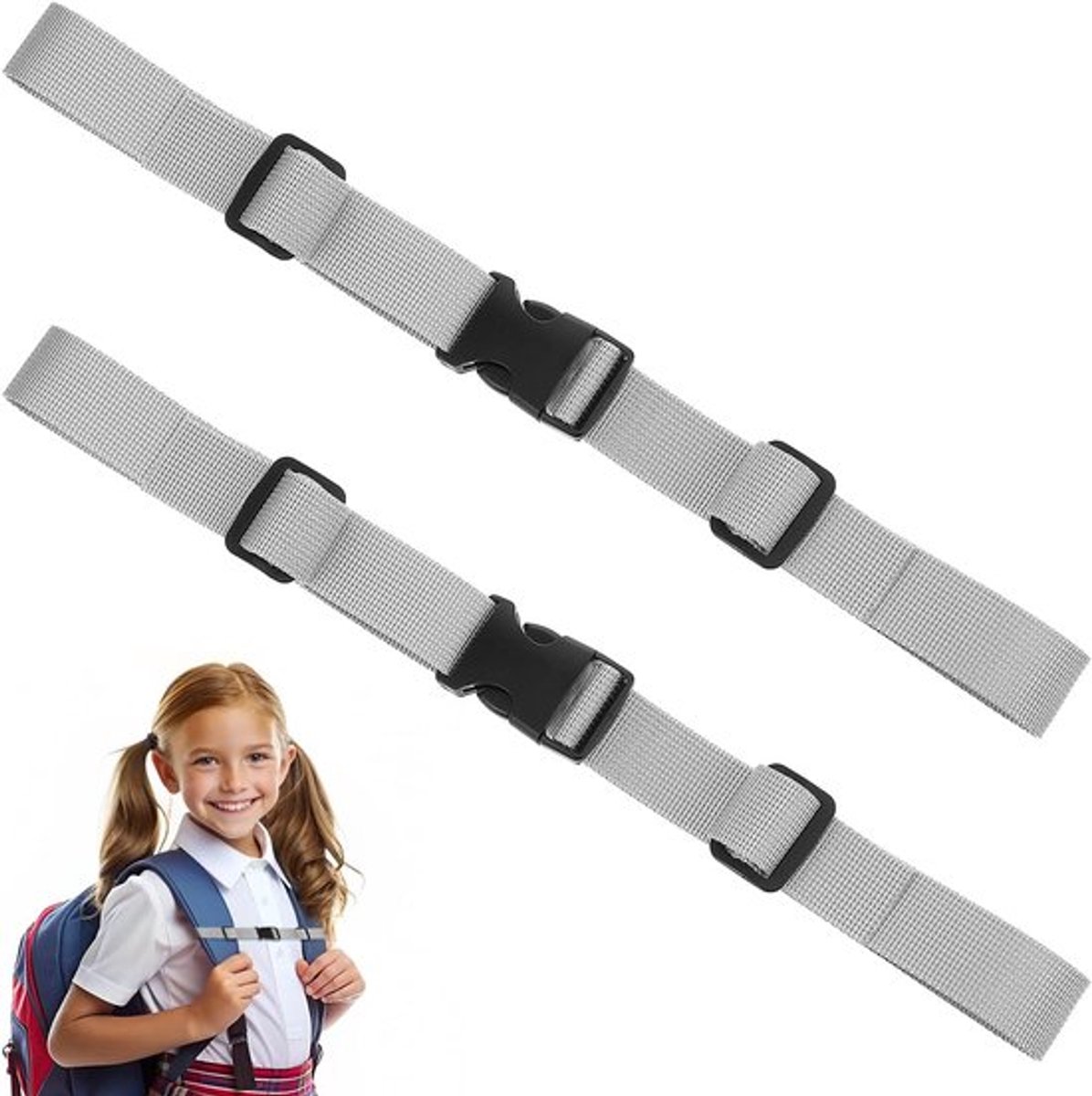 2 stuks verstelbare borstbanden voor kinderrugzakken, nylon, anti-slip, met gesp, geschikt voor schoolrugzakken en buitensport zoals joggen en wandelen