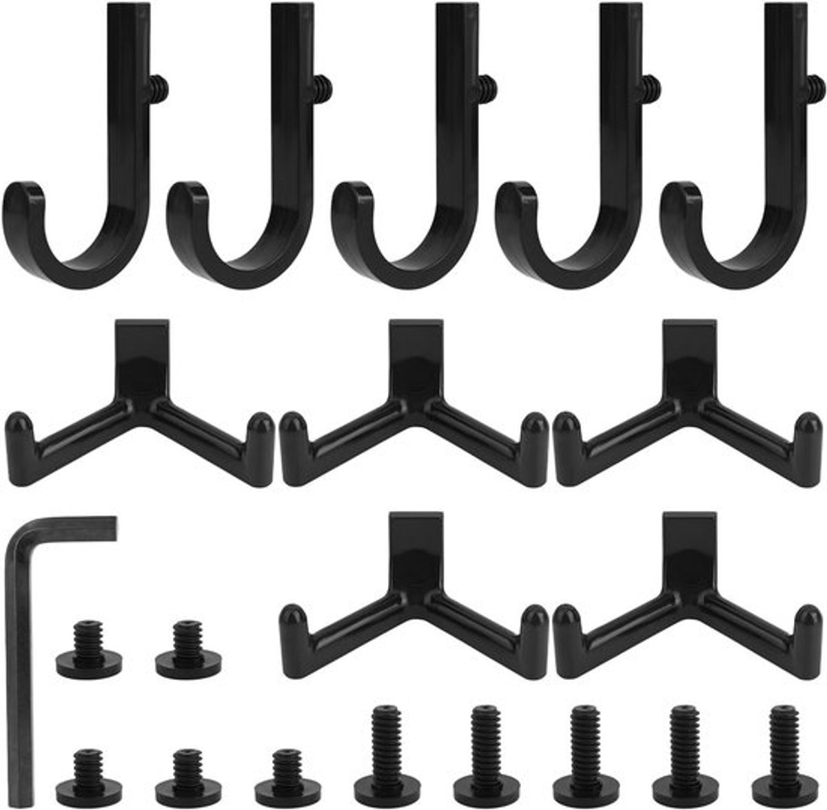 21-delige gereedschapshaken set, zwarte kunststof J/Y-vormige schuuraccessoires met schroevendraaier en wandmontage onderdelen voor gereedschapsopslag en organisatie