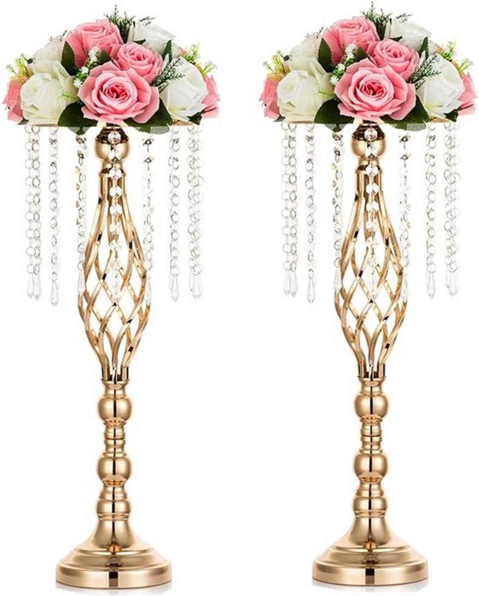 Elegante 2-delige gouden metalen vazen van 55 cm hoog met kristallen ketting voor bruiloften, kunstbloemarrangementen en feestdecoratie