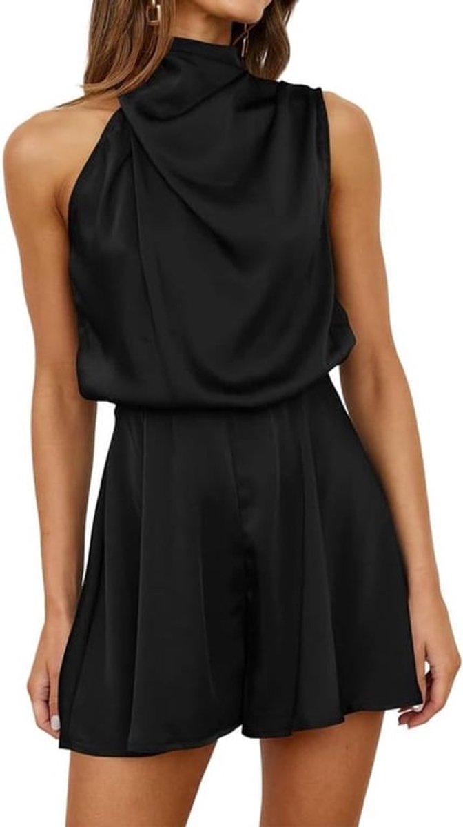 Elegante Dames Zomer Jumpsuit van Satijn met Losse Kraag en Wijde Benen voor Ceremonies en Feestjes