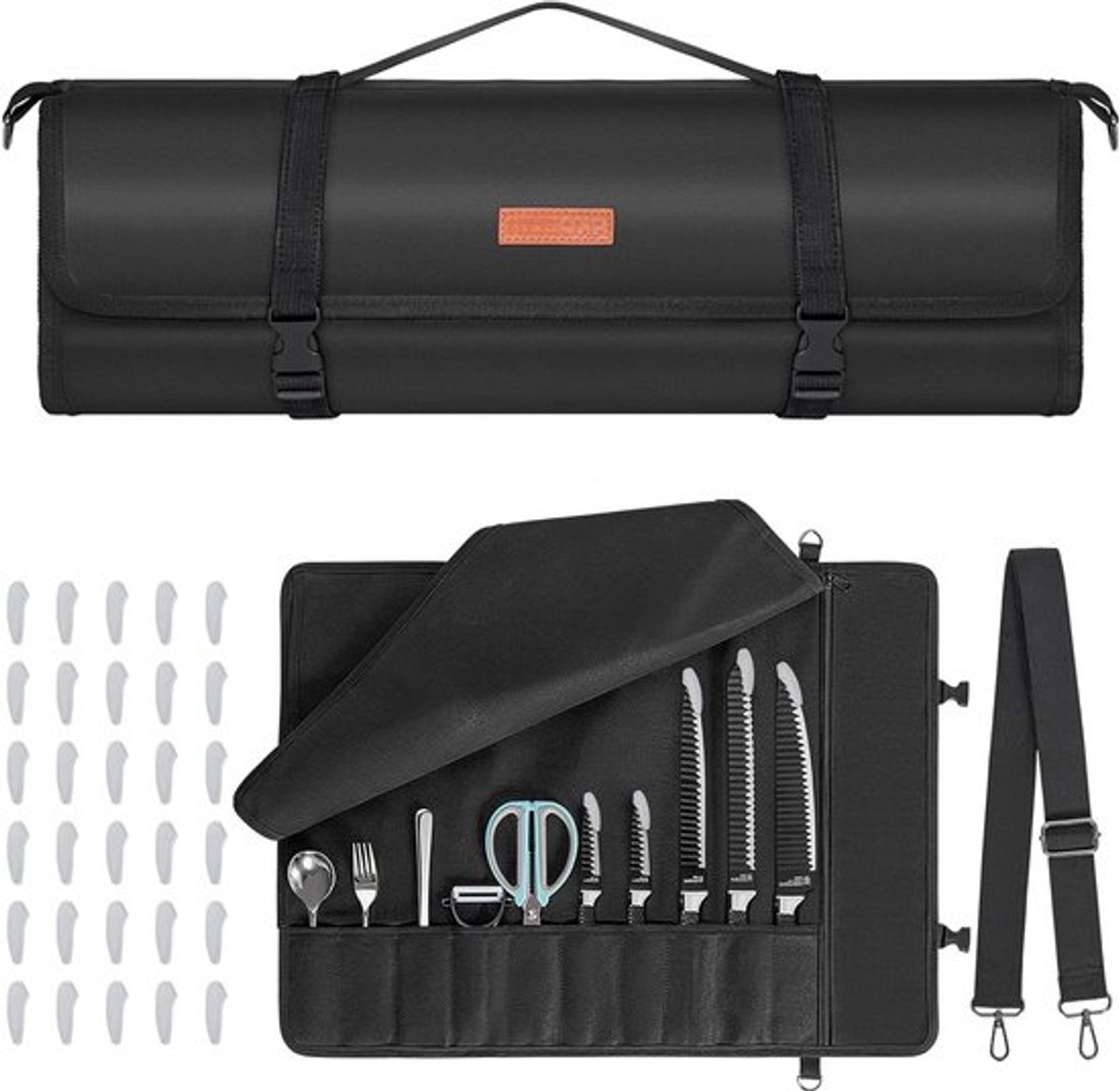 Professionele Koksmes Roll Tas met 10 Vakken en Grote Ritsvak van Gewaxed Canvas, Draagbaar met Verstelbare Schouderband en 30 Mesbeschermers, 70cm×47.5cm, Ideaal voor Koks en Kookliefhebbers