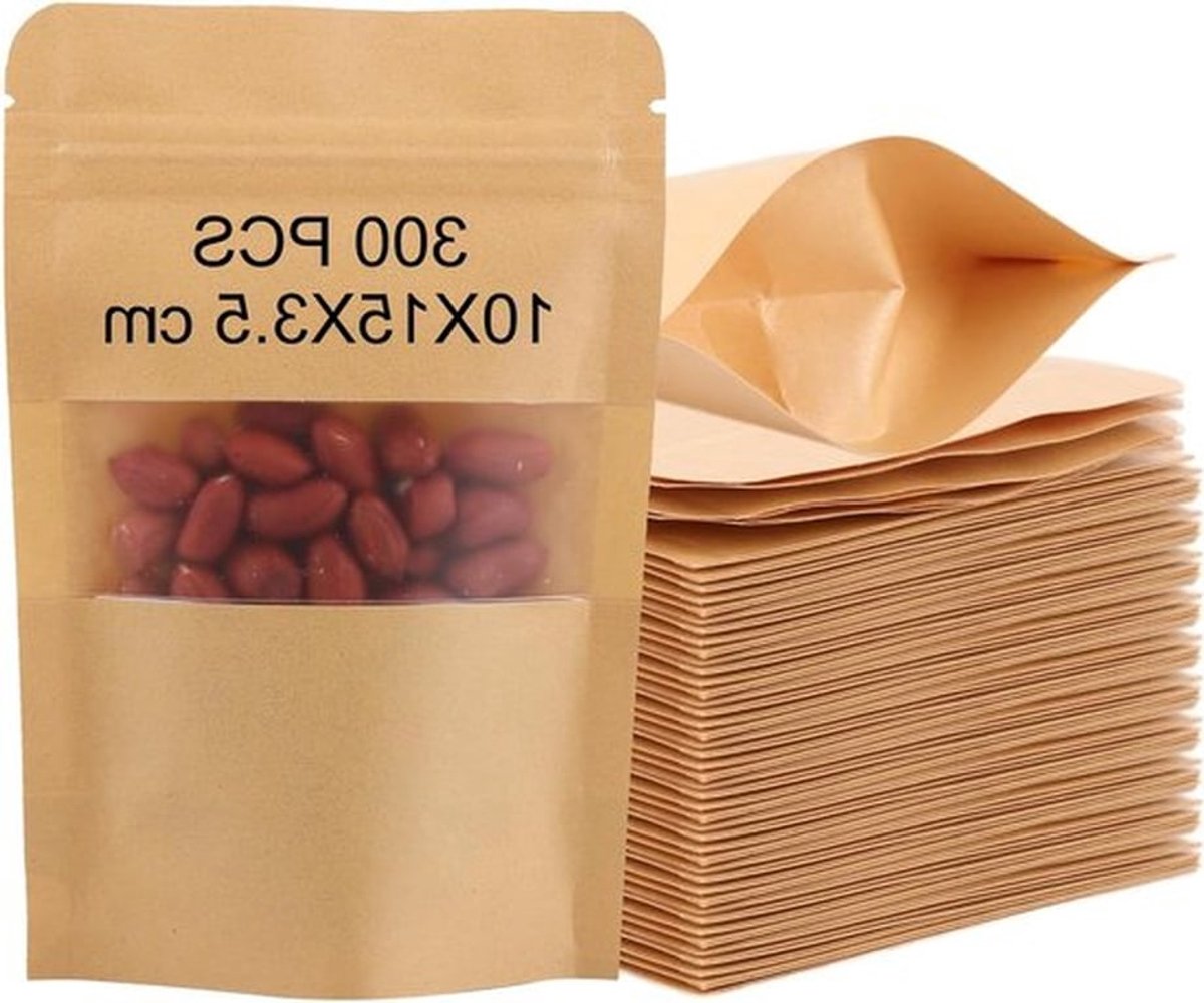 Set van 300 bruine papieren zakjes met venster, 10 x 15 cm, luchtdicht en stevig voor koekjes, snoep en noten