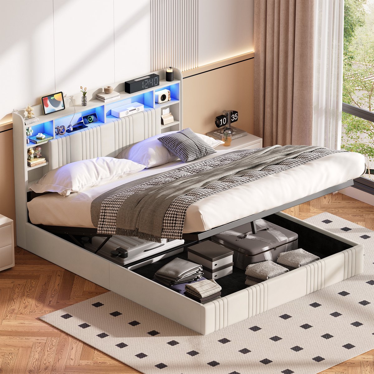 Opbergbed 140x200 cm met RGB-ledverlichting en USB-poorten, Gestoffeerd hoofdbord met opbergruimte, Tweepersoonsbed met lattenbodem en hydraulische lift, linnen Beige