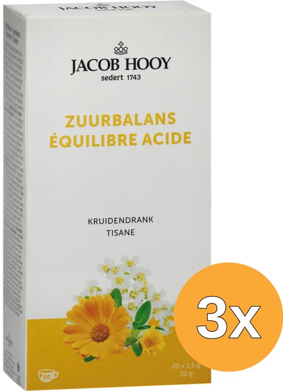 Witte doos Jacob Hooy Zuurbalans kruidendrank met gele accenten, bloemenafbeelding en 3x aanduiding.