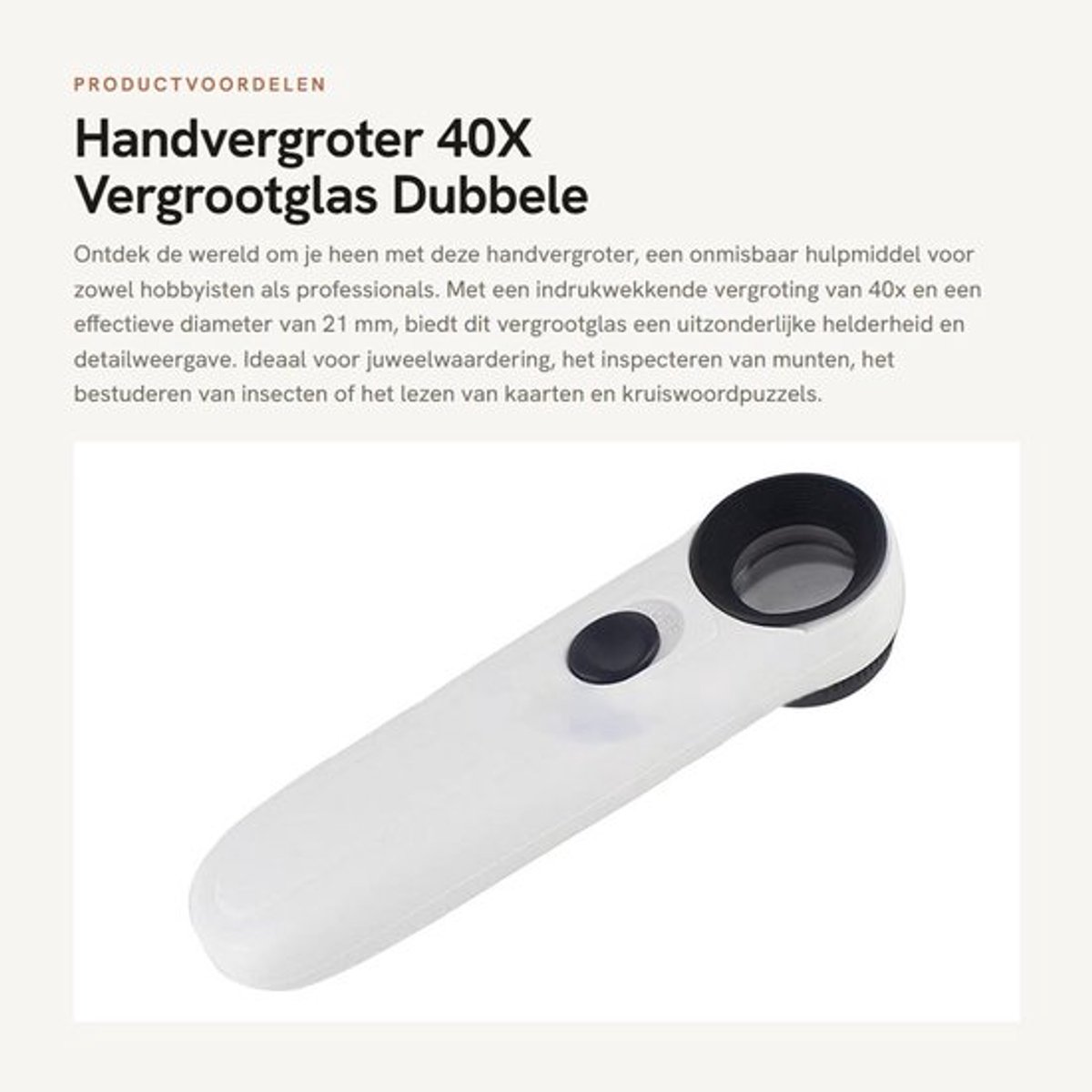 Handvergroter - 40X Vergrootglas - Dubbele Verlichting - Wit - Juweelwaardering - Inspectie van Munten en Insecten - Geschikt voor Hobbis...