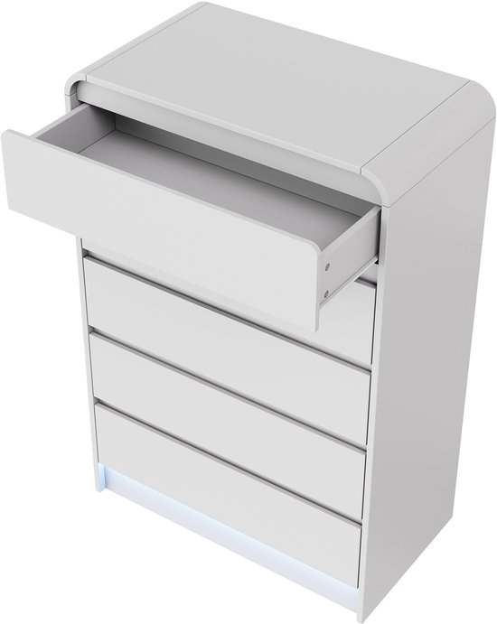 Witte commode met 5 lades, bovenste lade open, LED-verlichting onderaan.