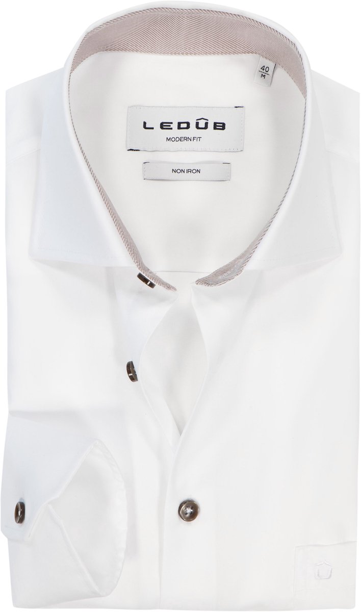 Ledub modern fit overhemd - mouwlengte 72 cm - twill - wit - Strijkvrij - Boordmaat: 43 (EU maat: XL)