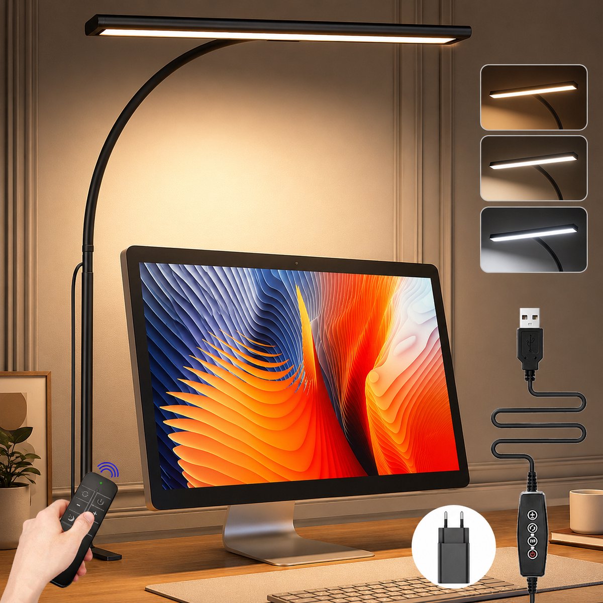 Lapamax Bureaulamp LED Dimbaar met Klem - Leeslamp met Afstandsbediening & 70 cm Flexibele Zwanenhals - 3 Lichtkleuren, 5 Helderheidsstanden & 1U Timer - Werklamp voor Kantoor, Studie, Handwerk en Thuiswerk -Met Stekker