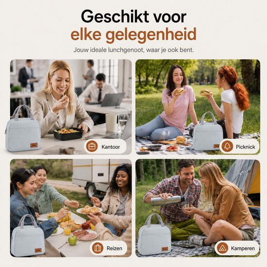 Lichtblauwe lunchtas in verschillende settings: kantoor, picknick, reizen en kamperen.