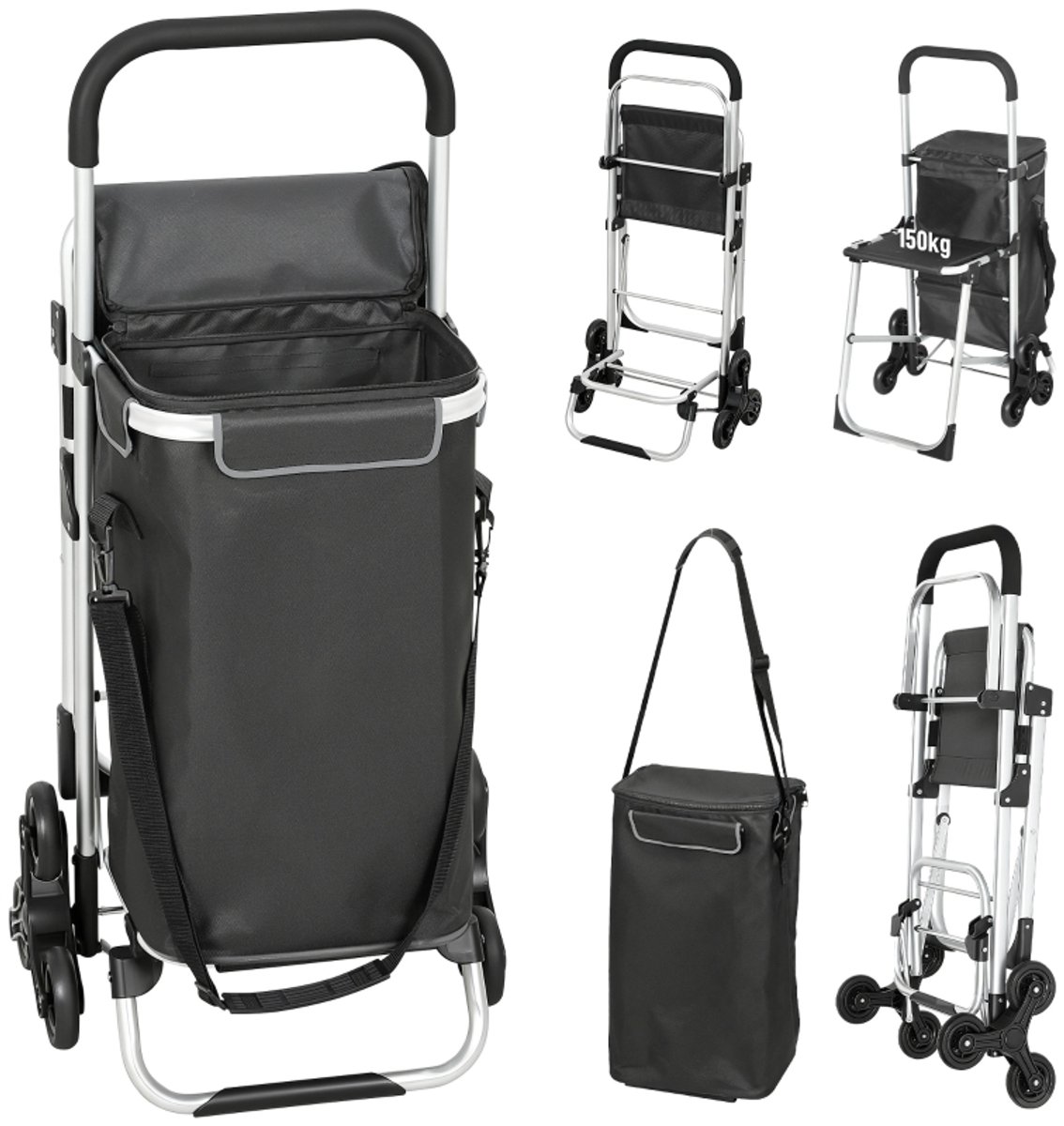 Boodschappentrolley - Oxford-stof - Aluminium Trolley -40 Liter -Donkergrijs