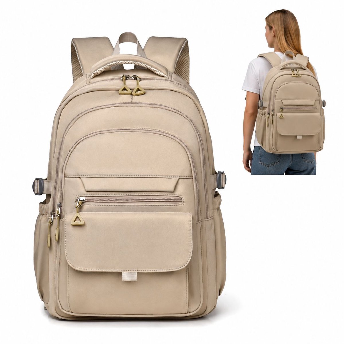 Bobypet - Rugzak - Schooltas voor Meisjes en Jongens - Ruime Rugzak voor Basisschool en Middelbare School - Lichtgewicht en Waterbestendig Nylon - 29x13x44 cm - Cadeau voor Scholieren - Khaki