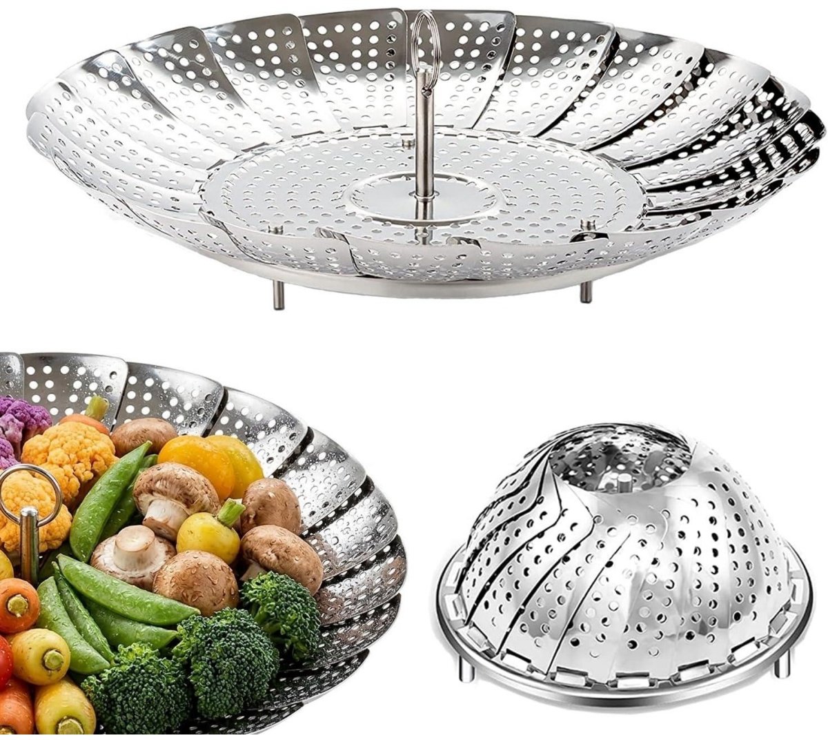 SSTRWGOOD Stoomkoker Inox - Plooibare Stoommand - 23cm (Uitgevouwen) / 14cm (Ingevouwen) - Roestvrijstalen Groentestomer met 3 Voetjes en Handgreep - Geschikt voor Autocuiseur, Magnetron en Vaatwasser