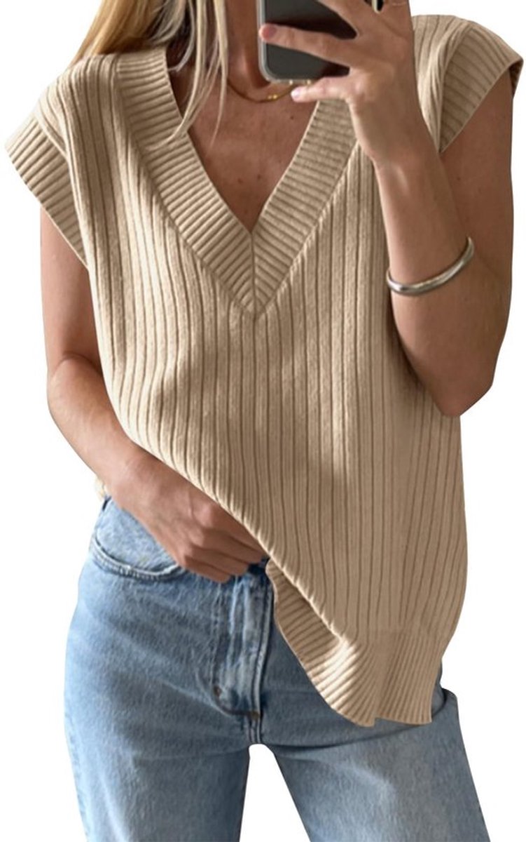 Pullover Dames V-hals - Mouwloos - Lichtgewicht - Oversized - Gebreide Trui - Casual Elegante Bovendeel - Tanktop