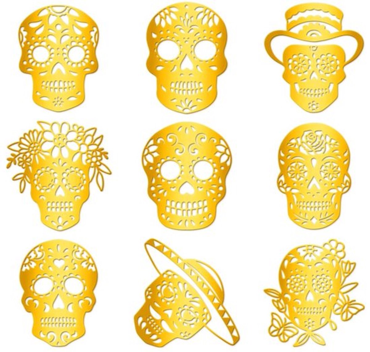 Doodskop Stickers - 9 Stuks - Gouden Zelfklevende Stickers - Waterdicht - Mexicaans Skelet - Decoratie - 4 cm x 4 cm - Decoratiestickers
