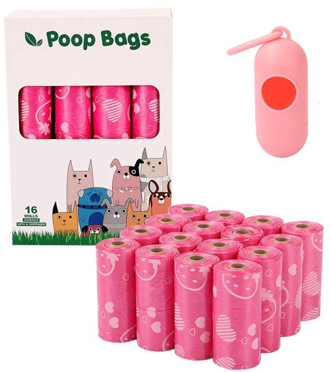 Casalora Hondenpoepzakjes 240 Stuks Roze – 16 rollen – Biologisch Afbreekbaar – Extra Sterk & Lekvrij – Composteerbare Poepzakjes voor Grote en Kleine Honden