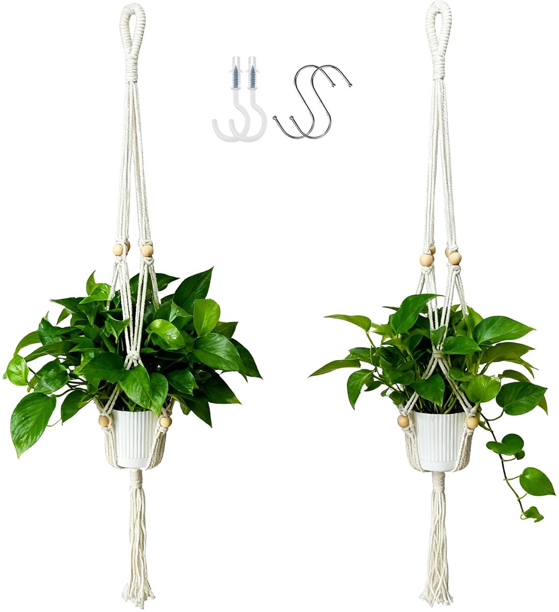 Famanu – Set van 2 macramé plantenhangers met kwast, boho hangpotten met 4 haken voor binnen, handgeweven katoenen touwhouder voor decoratie (zonder pot