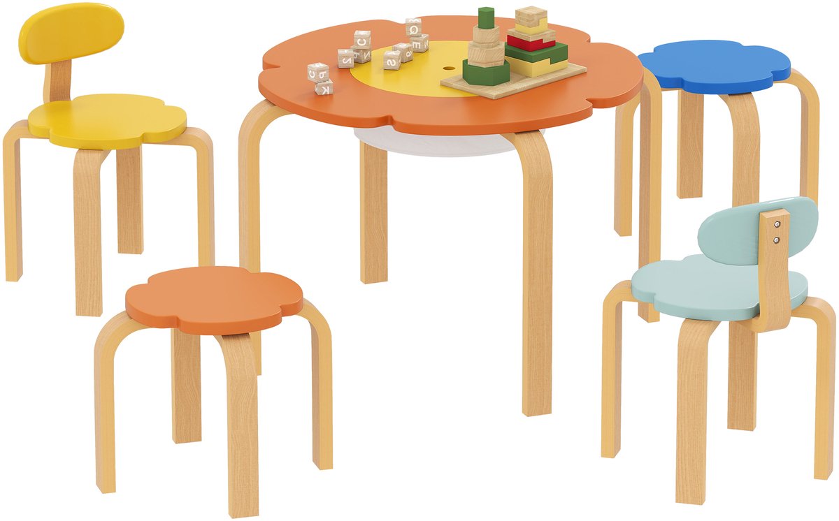 AIYAPLAY Kindertafel en Stoelenset Populierenhout, Polyester 69L x 69B x 45H cm Meerkleurig