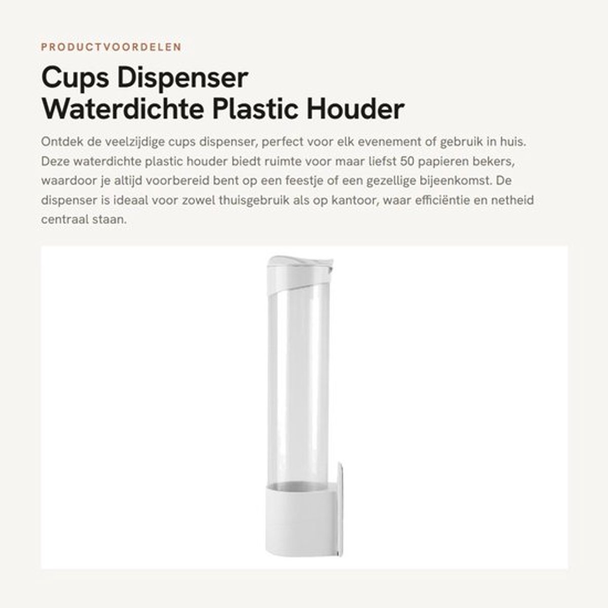 Bekerhouder Waterdicht - Papieren Dispenser - Kunststof Container - Capaciteit 50 Stuks - Afmetingen 38 x 10 cm - Antistof - Bekerdispenser