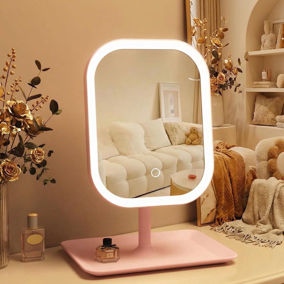 Make-upspiegel - Met Aanraakbediening LED Verlichting - Oplaadbaar 2400mAh - 270° Draaibaar - 3 Lichtstanden - Draagbare Reisspiegel - Roze Kleur - 1 Stuk