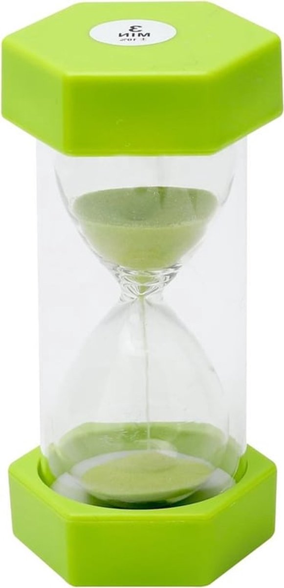 Groene zandloper in een unieke zandloper vorm, 3 minuten timer voor kinderen, leren en spelletjes, ideaal voor school en kantooractiviteiten