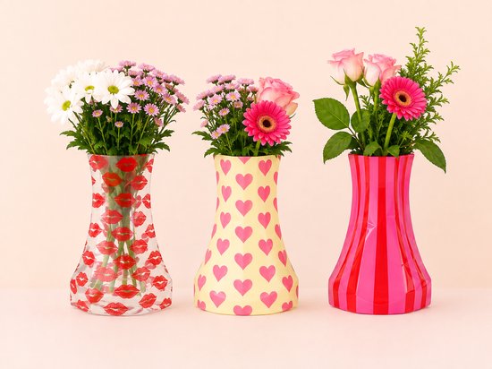 BOECKET Opvouwbare Vaas Set van 3 - Roze Design Vazen - Lippen, Hartjes & Strepen - Bloemenvaas