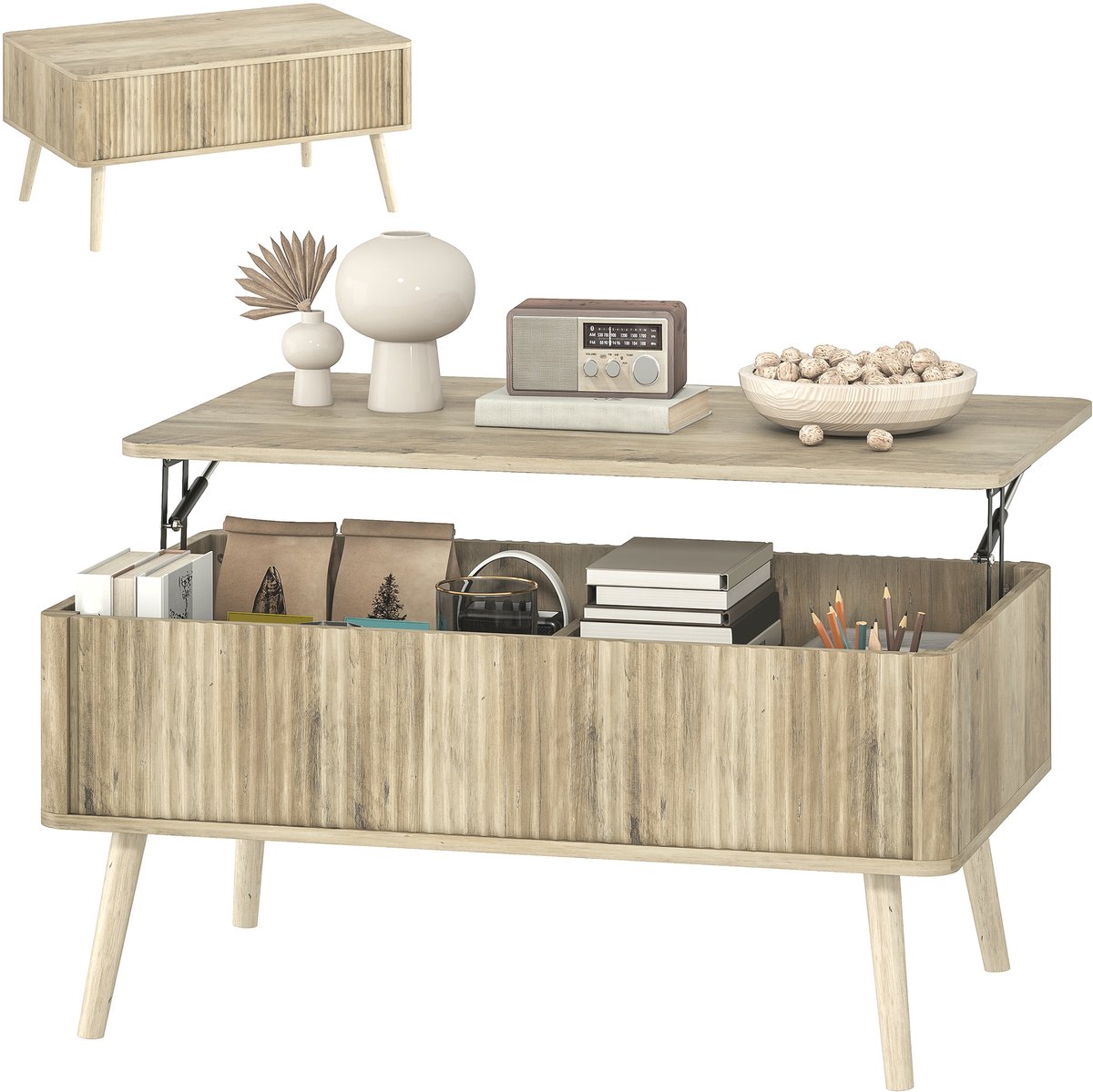 Verhoogbare salontafel - salontafel met 2 verborgen opbergvakken en poten van grenenhout - 91 x 56 x 43 cm - eiken