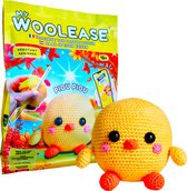 Haakpakket voor een geel kuiken met oranje pootjes en roze wangen. Inclusief verpakking met handleiding.