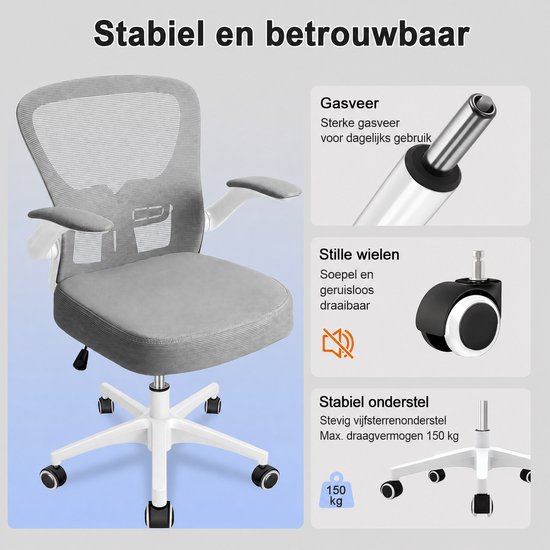 Grijze bureaustoel met gasveer, stille wielen en een stevig vijfsterrenonderstel, draagvermogen 150 kg.