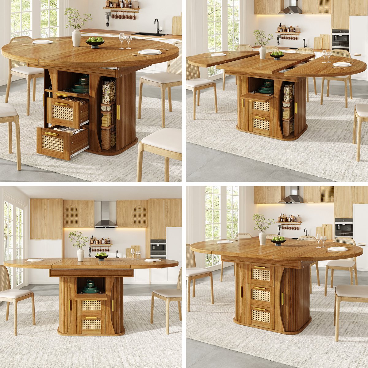 Ausziehbare Eettafel met Rattan-Effect - MDF-Model in Oak - 118-158cm - Verstelbare Breedte