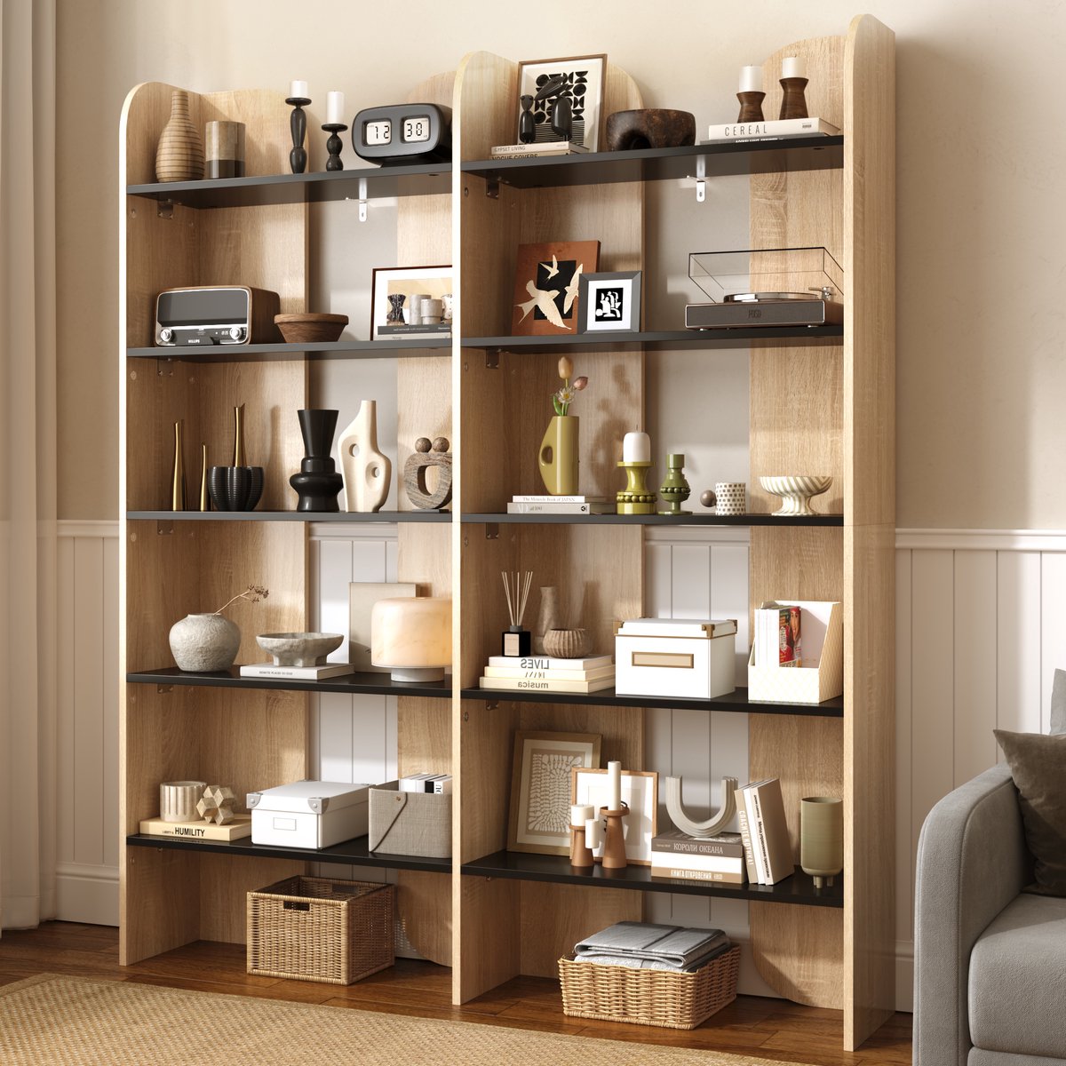 Boekenkast Open - 5 Planken - Moderne Opbergkast 160 cm - Naturel Zwart