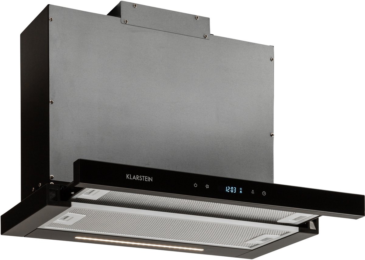 Klarstein Mariana Neo 60 Afzuigkap, 60 cm, Energieklasse A, 640 m³/u, Recirculatie & afvoer, LC-display, Timer, Touch-panel, LED, Vlakscherm-afzuigkap, Telescoopkap, Onderbouw, Glazen front, zwart