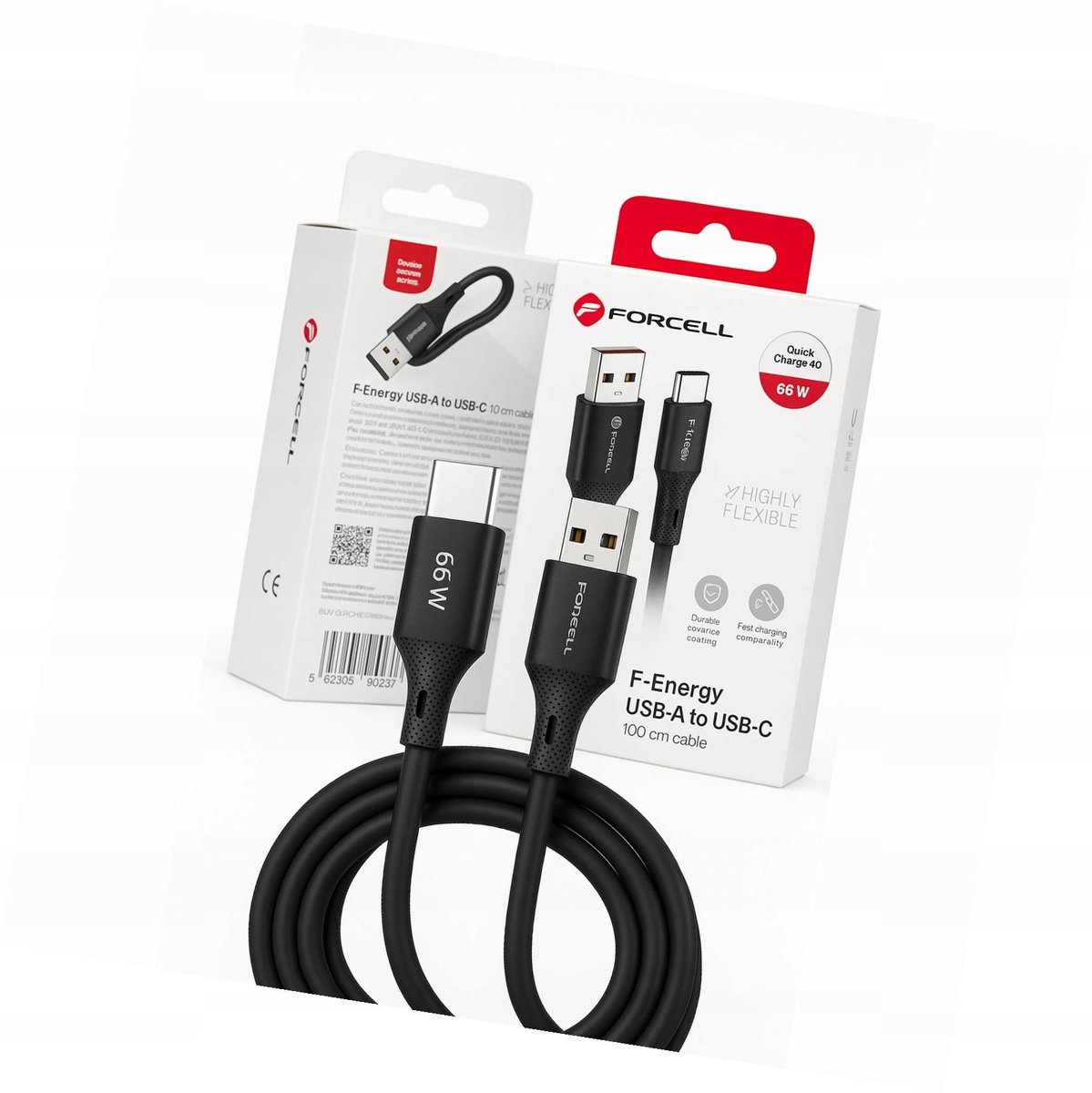 Forcell 66W USB-A naar USB-C Kabel 1m Zwart - Android Auto